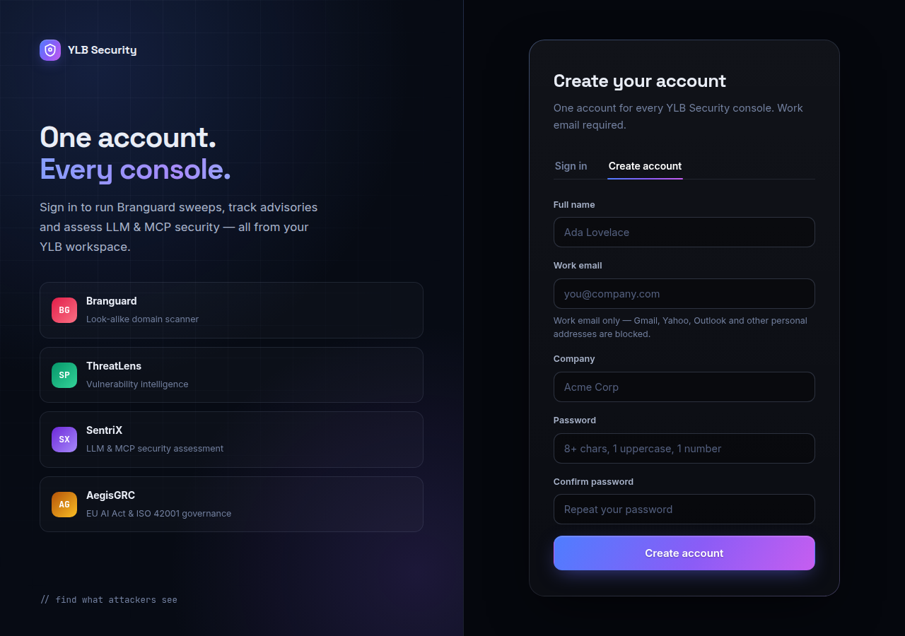 YLB Security login and signup page