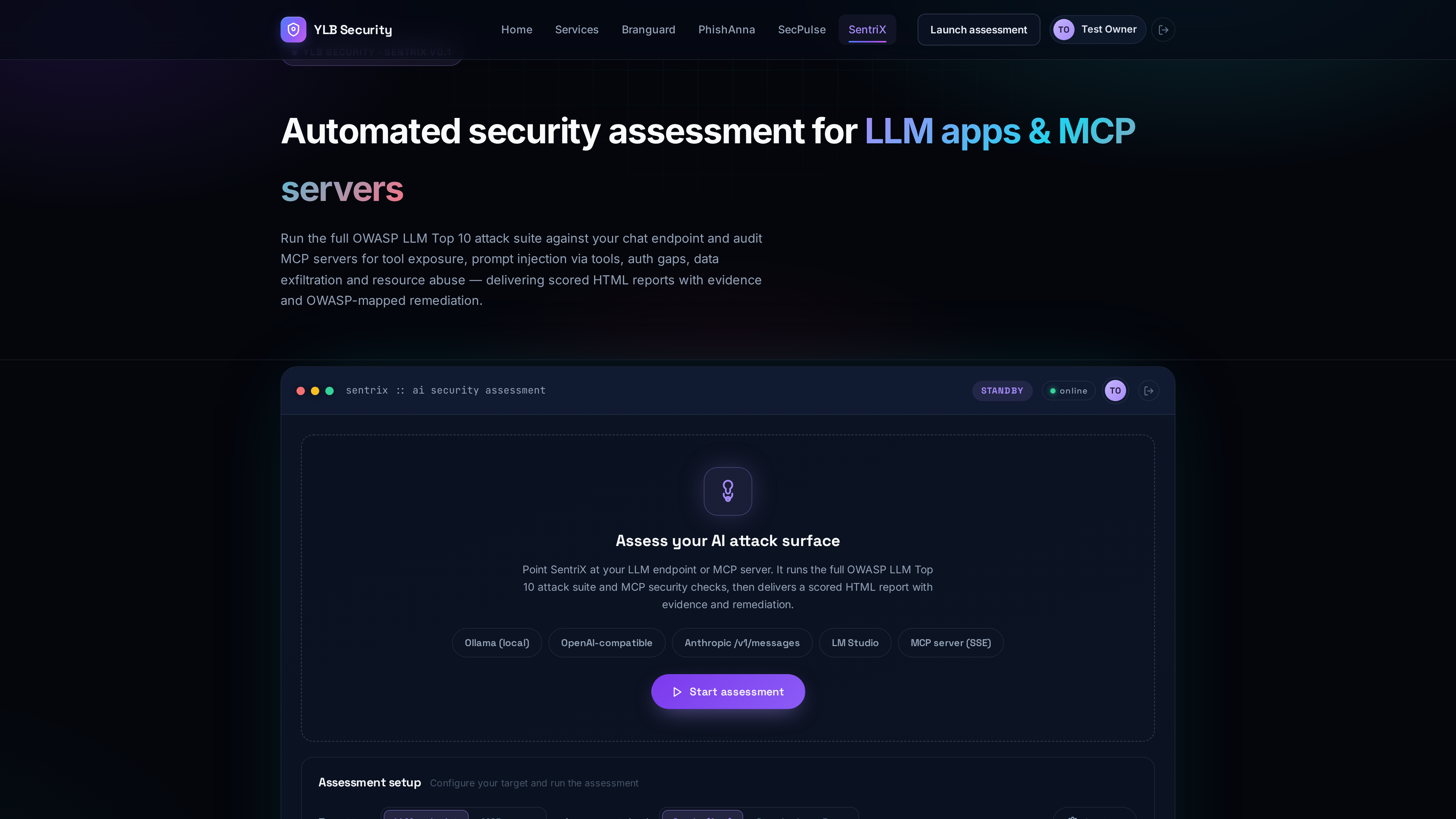 SentriX console — AI security assessment